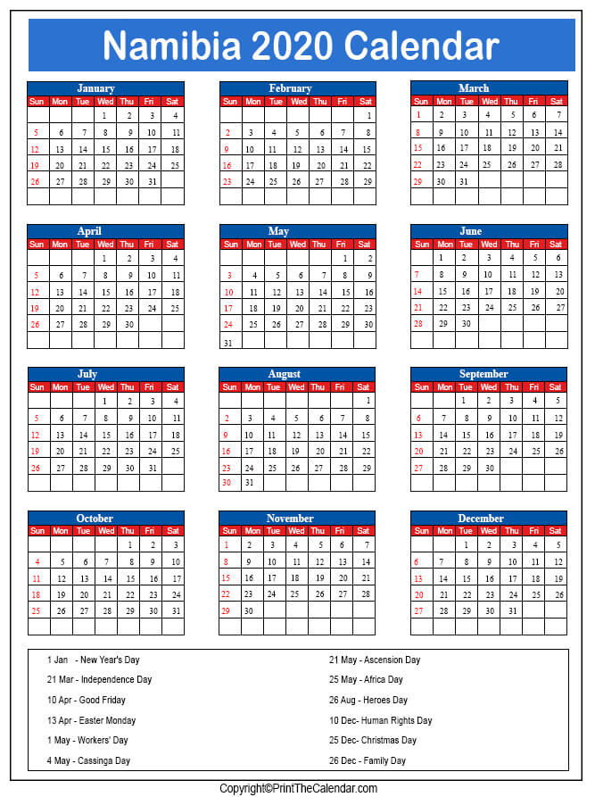 Namibia Printable Calendar 2020